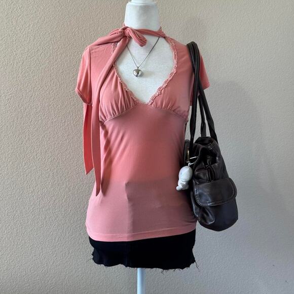 2000s coral wet seal baby doll style neck tie detail blouse - Picture 2 of 4